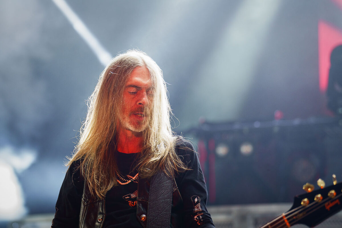 Rex Brown, bassist for the reunited Pantera, performs at Rock Fest in Cadott, Wisconsin, on July 13, 2023. Rock Fest is an annual heavy metal music festival held in Cadott, Wisconsin, known for drawing large crowds and featuring prominent bands in the genre. The festival has been a significant event in the Midwest's music calendar since its inception, providing a platform for both established and emerging metal artists. Pantera, a highly influential band in the groove metal subgenre, reunited for a series of performances in 2023, marking a significant moment for their fans.