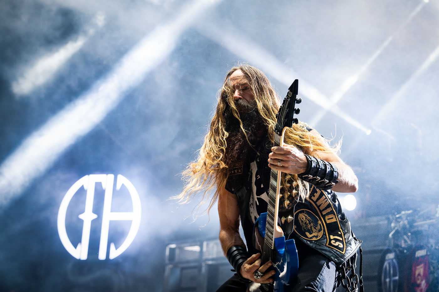Zakk Wylde performs at Rock Fest in Cadott, Wisconsin, on July 13, 2023. Rock Fest is an annual music festival held in Cadott, Wisconsin, known for featuring a variety of rock and metal bands. The festival has been a significant event in the region's music calendar, drawing fans from across the country. Wylde, a prominent guitarist, has a long career in heavy metal, notably with Ozzy Osbourne and his own band Black Label Society.