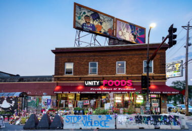 New billboards above the George Floyd Memorial at George Floyd Square. The boards created by 8th grade students at Franklin Middle School are part of the Social Justice Billboard Project thats been showcasing local artists since July 2020. https://ne-sculpture.org/sjbp