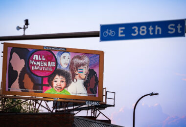 New billboards above the George Floyd Memorial at George Floyd Square. The boards created by 8th grade students at Franklin Middle School are part of the Social Justice Billboard Project thats been showcasing local artists since July 2020. https://ne-sculpture.org/sjbp