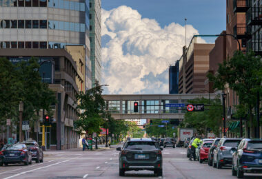 Big clouds in downtown Minneapolis on August 3, 2023.