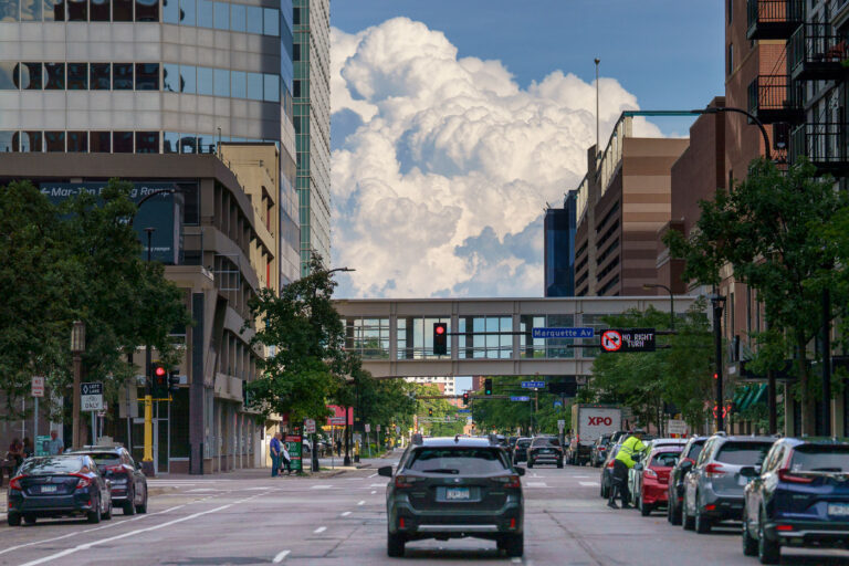 Clouds on 10th St in Downtown Minneapolis 2 Big clouds in downtown Minneapolis on August 3, 2023.