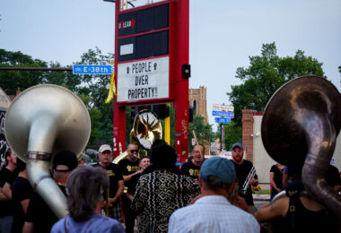 Brass Solidarity performing at a vigil for Ricky Cobb II at George Floyd Square. Cobb was killed by a Minnesota State Patrol trooper during a traffic stop on July 31, 2023.