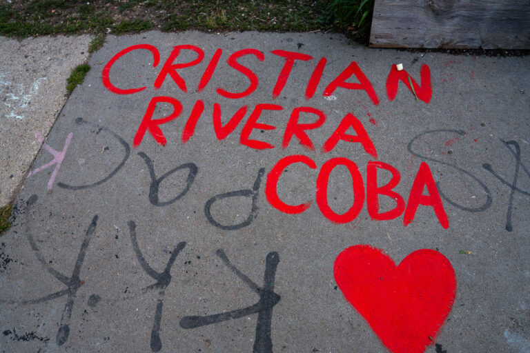 Christian Rivera Coba graffiti on sidewalk 1 A vigil for Ricky Cobb II at George Floyd Square. Cobb was killed by a Minnesota State Patrol trooper during a traffic stop on July 31, 2023.