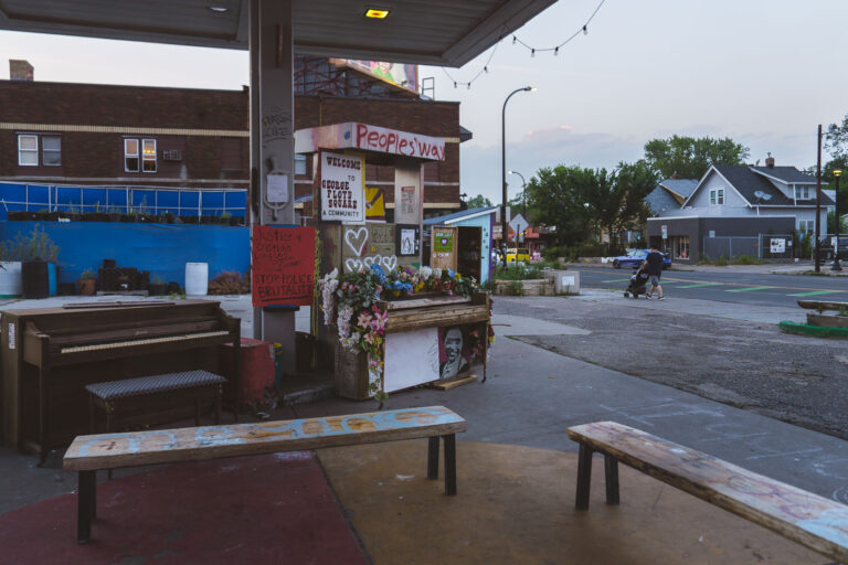 George Floyd Square: The People's Way, Minneapolis 1 George Floyd Square in Minneapolis, a community memorial space, features an upright piano, benches, and signs protesting police brutality.