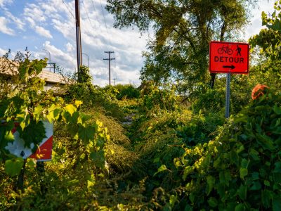 Overgrown Detour Sign on the Cedar Lake Trail During SWLRT Construction