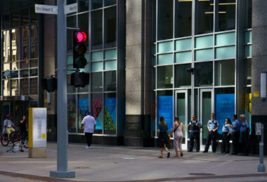 Minneapolis Police Reserves in downtown Minneapolis standing on Nicollet Mall on August 3, 2023.