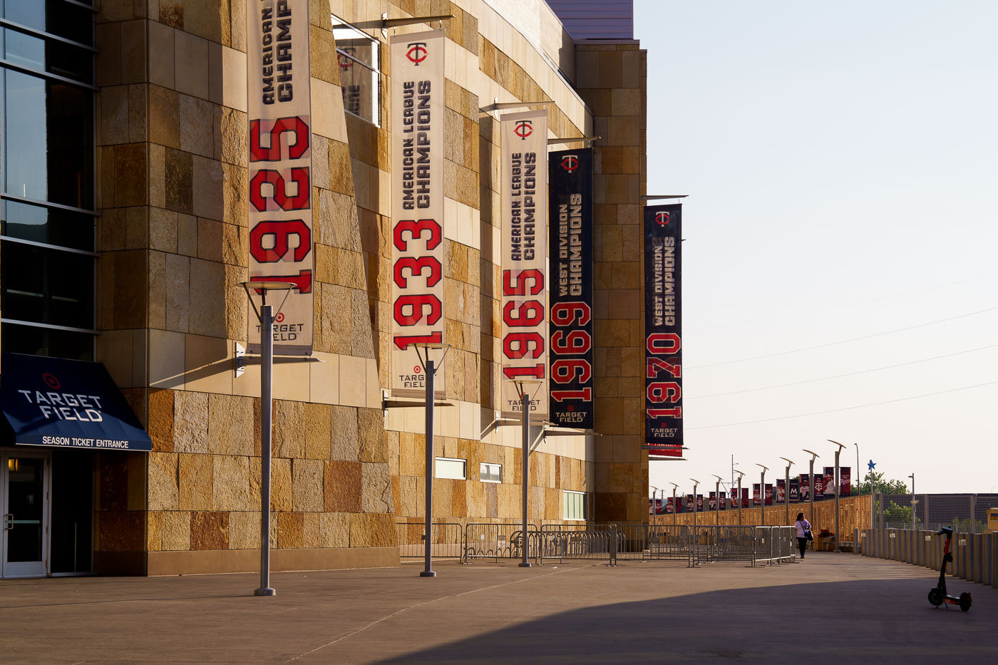 Soft light hits the side of Target Field stadium