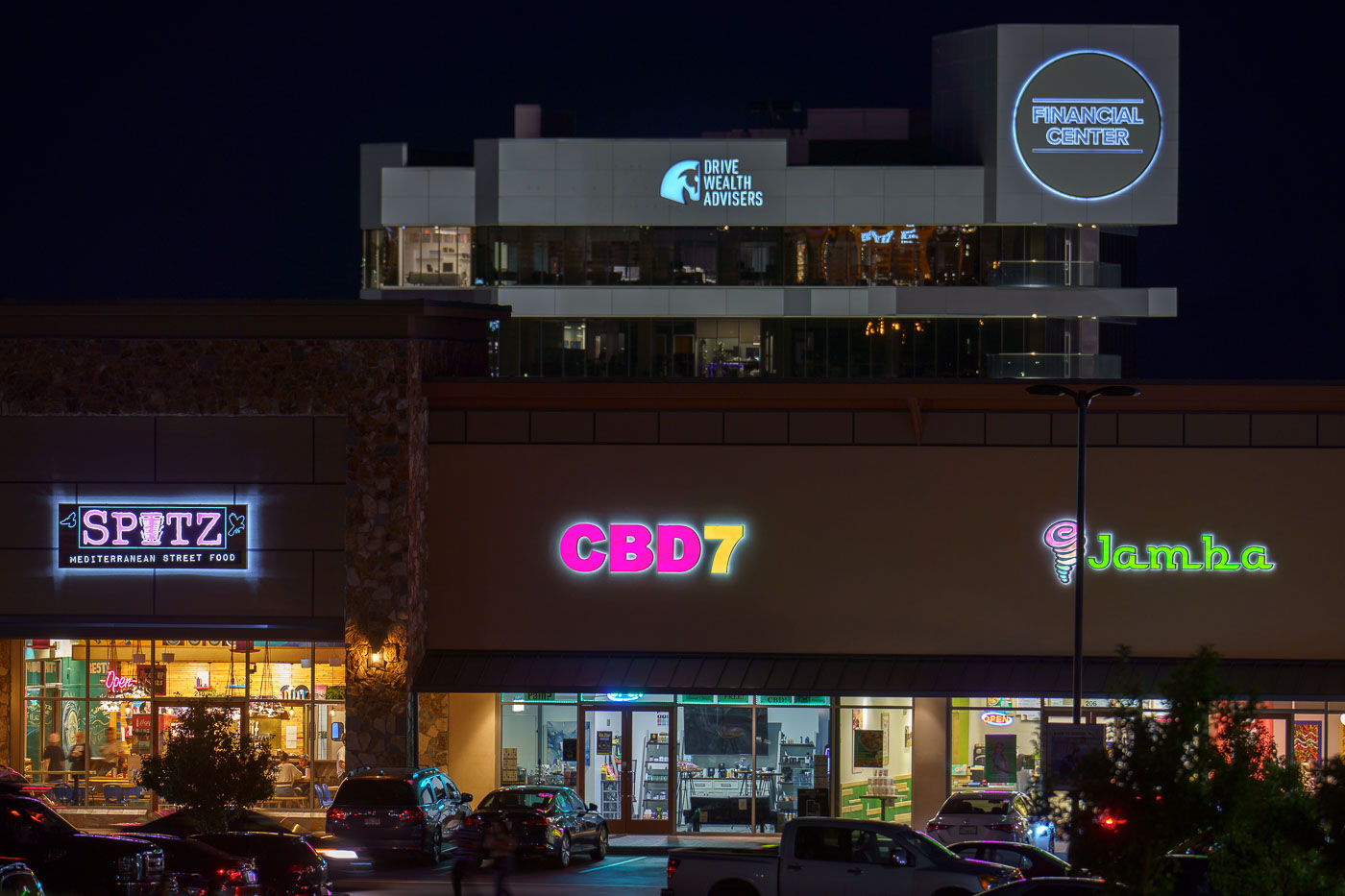 CBD7 and Jamba stores at night