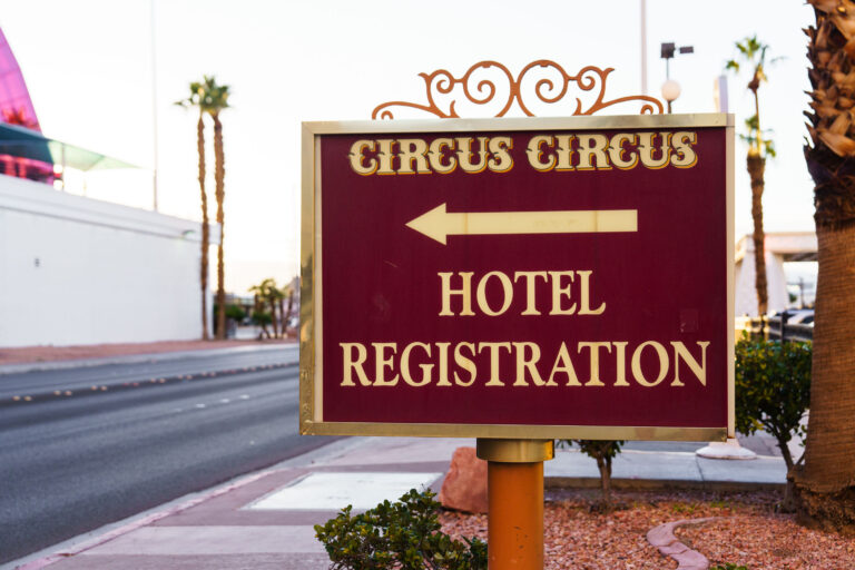 Circus Circus Hotel Registration, Las Vegas 2 Circus Circus Hotel Registration sign as seen near the Circus Circus Manor.