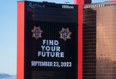 Las Vegas with what has to be the largest billboard ever regarding law enforcement hiring. The 100,000 square foot digital wall covered a significant portion of the 59 story Resort World building. (Las Vegas, September 2023