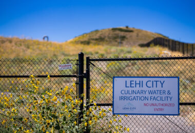 A sign at the gate of the Lehi City Culinary Water & Irrigation Facility in Lehi, Utah.