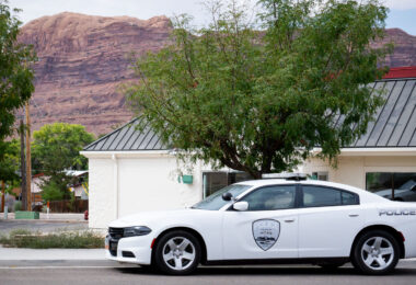 A police bear in a parked squad car in Moab, Utah.