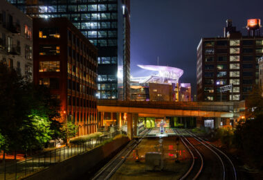 Target Field, home of the Minnesota Twins, seen from the railroad tracks.