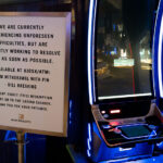 Slot machines at the Bellagio resort in Las Vegas with error messages on September 15th, 2023 following a ransomware attack that became public days prior.