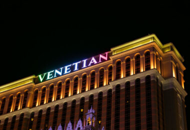 The Venetian Hotel in las Vegas in September 2023. The sign lit up in the colors of the Mexican flag on Mexican Independence Day.
