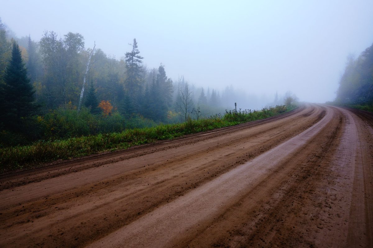 Unpaved dirt road disappears into fog through boreal forest in northeastern Minnesota during autumn.