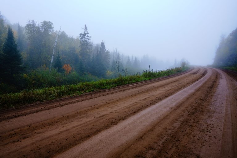 Unpaved dirt road disappears into fog through boreal forest in northeastern Minnesota during autumn.