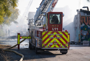 October 20, 2023 - Firefighters continue to pour water on the former temporary post office/k-mart. After two South Minneapolis post offices were burned down in May 2020, the Postal Service leased space in the building from November 2020 to late summer 2023 for temporary post offices during rebuild.