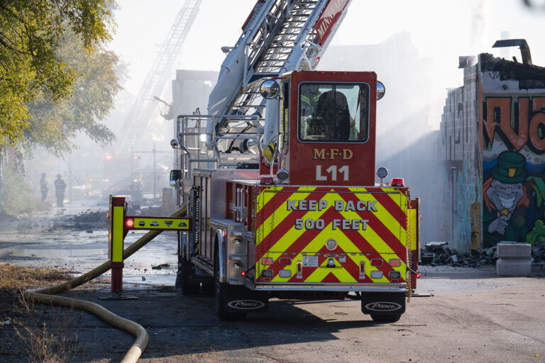Fire being put out at K-Mart in Minneapolis 3 October 20, 2023 - Firefighters continue to pour water on the former temporary post office/k-mart. After two South Minneapolis post offices were burned down in May 2020, the Postal Service leased space in the building from November 2020 to late summer 2023 for temporary post offices during rebuild.