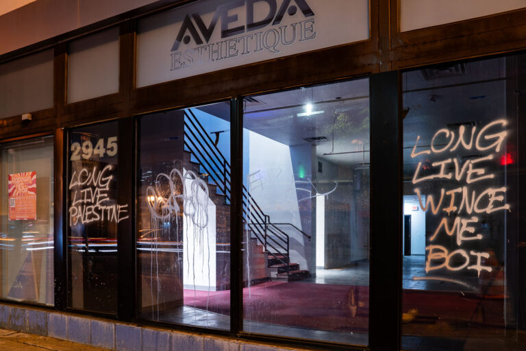 Graffiti on former Juut salon, Uptown Minneapolis 4 Graffiti reading "LONG LIVE PALESTINE" and "LONG LIVE WINCE ME BOI" spray-painted on the windows of the former Juut salon at 2945 Hennepin Avenue in Uptown Minneapolis.