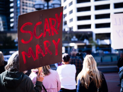 Rally for Justice protest sign for Mary Moriarty in Downtown Minneapolis