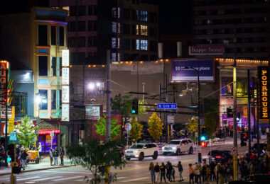 Nightclubs on Hennepin Avenue in Downtown Minneapolis. October 2023.