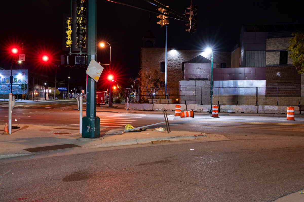 The remains of the former Minneapolis police 3rd precinct police station as seen in October 2023.