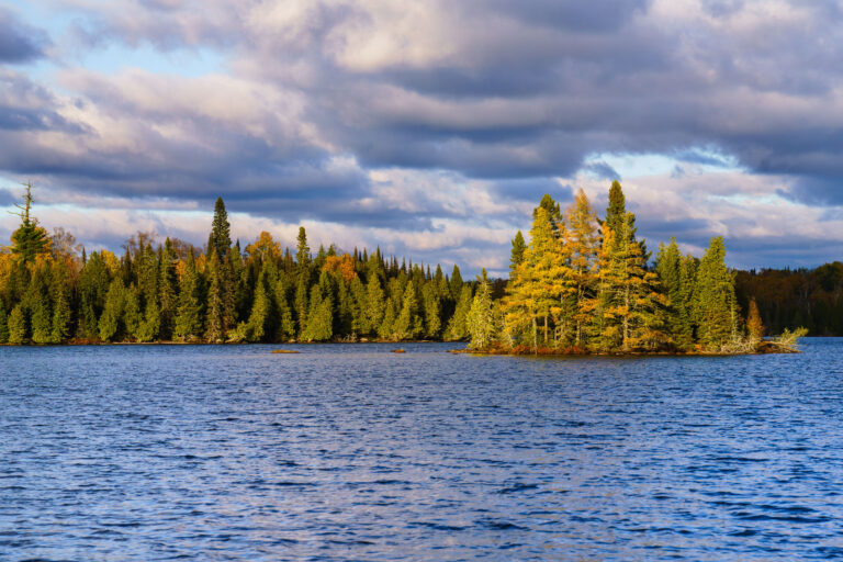 Richey Lake, Superior National Forest, Minnesota 1 Richey Lake in Superior National Forest, Minnesota, features a tree-lined shore and a small island under a cloudy October sky.