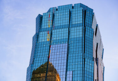 AT&T Tower in Downtown Minneapolis with reflection of the Foshay Tower. November 2023.
