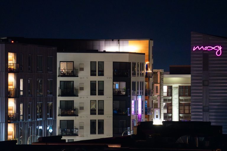 Moxy Hotel Sign, Lake Street, Uptown Minneapolis 4 Moxy Hotel illuminated at night on Lake Street in Uptown Minneapolis.
