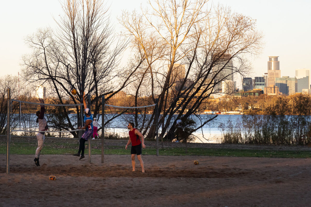 A volleyball game on Bde Maka Ska on an unusually warm mid November day.