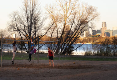 A volleyball game on Bde Maka Ska on an unusually warm mid November day.