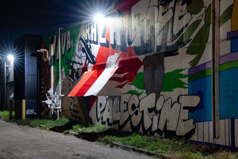 Palestine Mural on Lake Street, Minneapolis 1 A mural on Lake Street in Minneapolis displays the word "PALESTINE" with imagery of a trumpet player and a raised fist, using Palestinian flag colors. Documented November 2023.