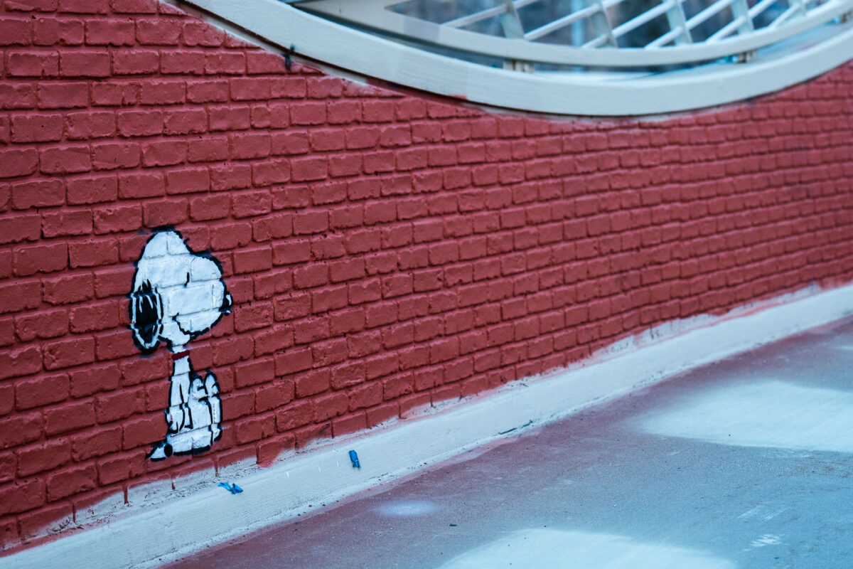 Snoopy left behind after city workers repainted the Loring Bike Bridge over Lyndale Avenue in Minneapolis