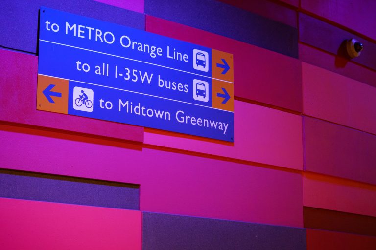 Wayfinding Sign, I-35W & Lake Street Station 3 Directional signage at I-35W & Lake Street Station in Minneapolis indicating transit routes to Metro Orange Line, I-35W buses