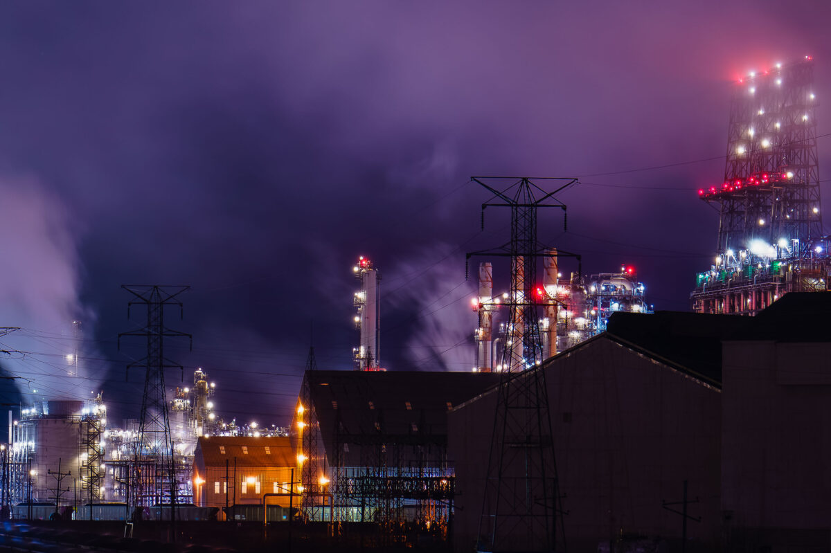 The BP Whiting Refinery in Indiana, illuminated at night, processes crude oil into petroleum products and is BP's largest global refinery.
