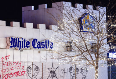 Graffiti on a boarded up White Castle in Minneapolis.