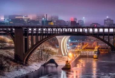 Fog in Minneapolis, downtown cityscape.