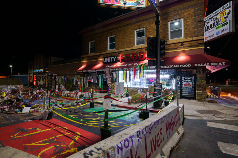 George Floyd Memorial at night December 2023 2 George Floyd Memorial at George Floyd Square in Minneapolis. The memorial stands at the location of where George Floyd was murdered by the Minneapolis police in May 2020.