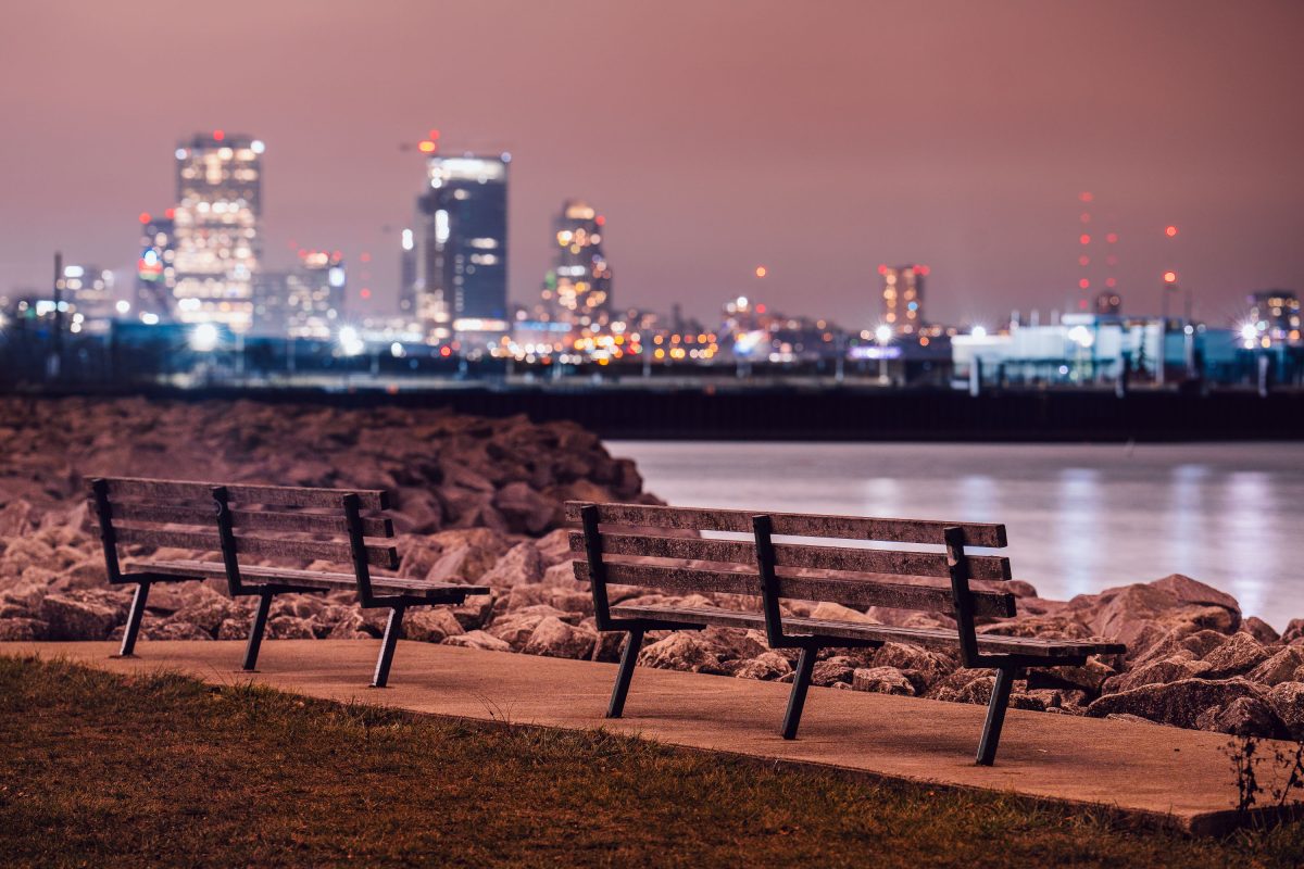 Lakefront Benches Overlooking Milwaukee Skyline, Lake Michigan
