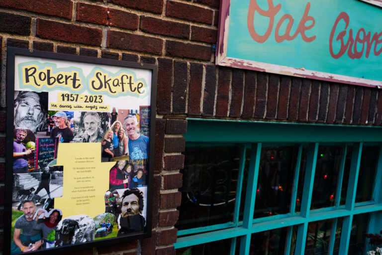 Robert Skafte Memorial in Loring Park 1 Memorial outside the Oak Grove Grocery in Minneapolis, which remains closed. Lots of photos and letters from friends and neighbors remembering Robert Skafte who was stabbed to death inside the store last week. Today a judge ordered a competency exam for the man charged in the murder.