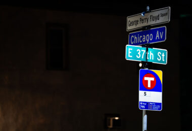 Street signs at George Floyd Square in Minneapolis.