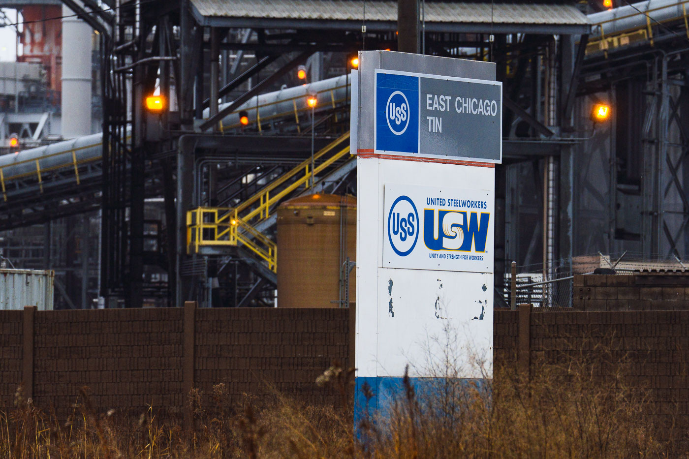 Sign for the idled US Steel East Chicago Tin plant in Indiana, which ceased operations in 2015.