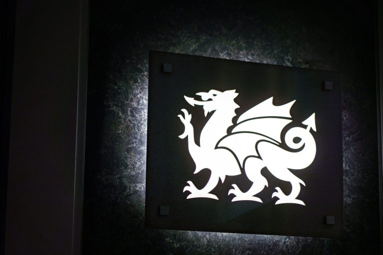 Welsh Dragon Emblem, Cambria Store, Downtown Minneapolis 1 Illuminated Welsh dragon symbol on Cambria storefront in downtown Minneapolis.