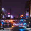 North 1st Avenue in Downtown Minneapolis on a foggy warm January night in 2024.