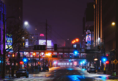 North 1st Avenue in Downtown Minneapolis on a foggy warm January night in 2024.