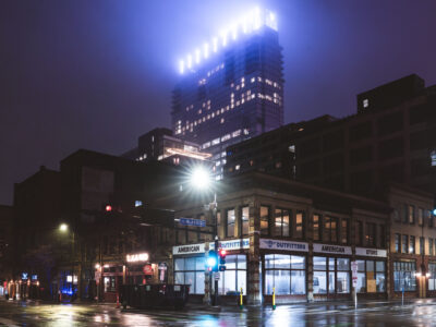 RBC Gateway in Downtown Minneapolis on a foggy night