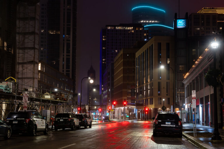 Minneapolis Police squads outside the precinct 1 Minneapolis police squad cars outside the downtown 1st precinct police station.