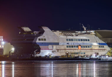 The Magestic Star casino boat sitting at Bay Shipbuilding in Sturgeon Bay, Wisconsin. The boat was docked for decades in Gary, Indiana before closing in 2021 after new Indiana legislation allowed for land-based casinos.